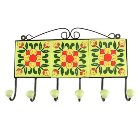 Pea Green Floral Ceramic Tile Hook